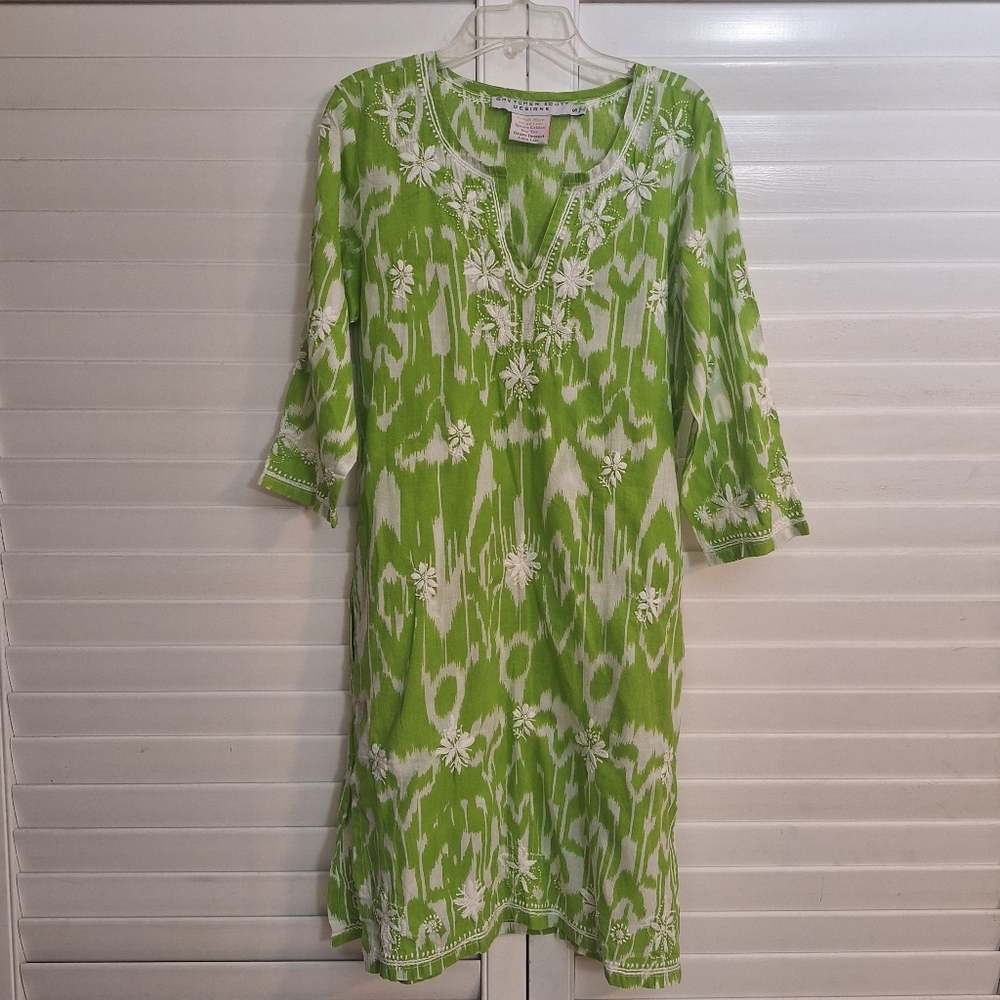 Gretchen Scott Designs Lime Green Embroidered Cotton Tunic Dress